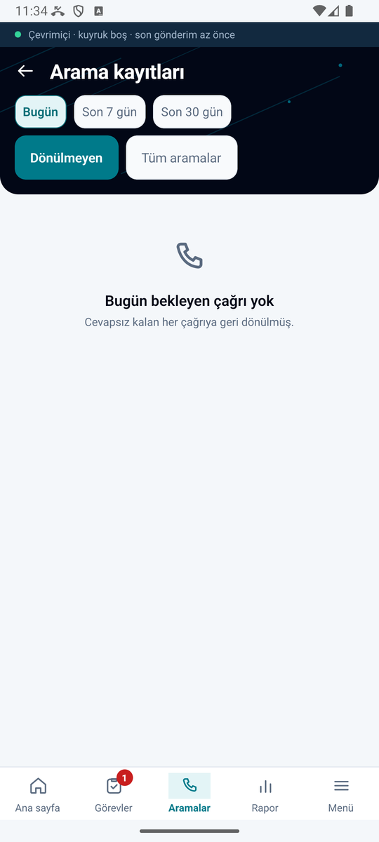 Arama kayıtları ekranı: dönem süzgeci ve dönülmeyen çağrılar sekmesi