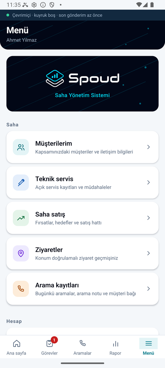 Menü ekranı: modüller, senkronizasyon ve şeffaflık